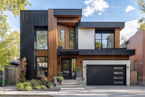 A contemporary residence featuring a unique blend of wood and brick architectural elements, situated in a vibrant urban neighborhood during the bright daylight hours
