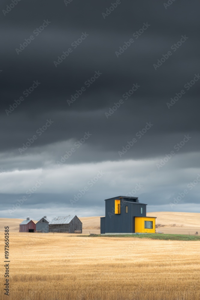 Fototapeta premium A contemporary house is located adjacent to a vintage barn, set against a backdrop of an expansive field beneath ominous dark clouds on a gloomy, overcast day in the countryside