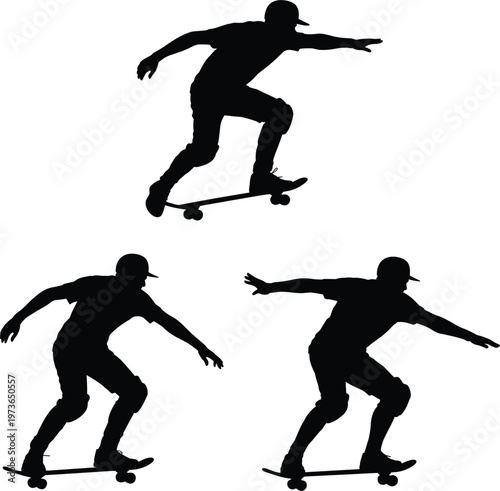 Skateboarder silhouettes set performing tricks, skater jumping riding action vector illustration collection