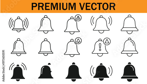 Set of bell notification icons, alert sign, alarm symbol, ringing bell, vector illustration