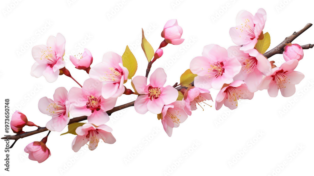 Naklejka premium flowering pink cherry branch, floral spring blossom isolated on white background