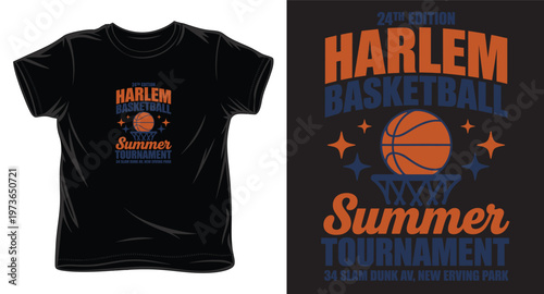 Harlem basketball summer tournament graphic with orange ball and hoop for athletic apparel design