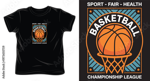 Basketball championship league with ball in hoop t shirt design sport fair health concept