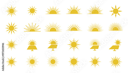 Set of sun icons, solar energy symbols, and sunrise or sunset vector graphics
