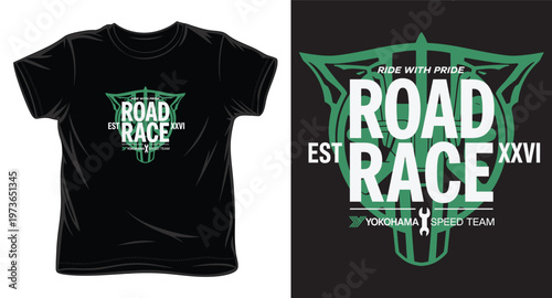 Vintage road race speed team emblem with geometric line art and bold typography for apparel design