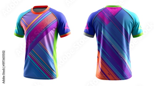Vibrant Geometric Pattern T-Shirt Mockup - Front and Back Views of a Colorful Athletic Apparel Design