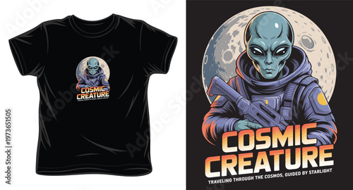 Alien astronaut character illustration for tshirt design featuring cosmic creature traveling through cosmos with moon background