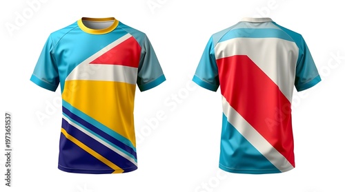 Vibrant athletic t-shirt mockup with dynamic geometric patterns and a sporty aesthetic, perfect for sports apparel design showcasing creative graphics