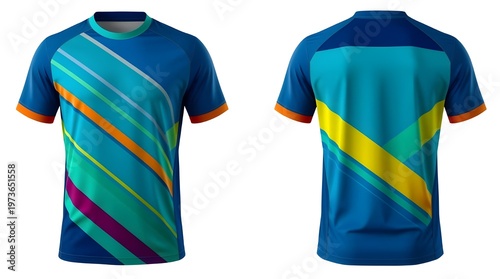 Vibrant Blue Athletic T-shirt Mockup with Diagonal Geometric Stripes for Sportswear Design and Apparel Branding