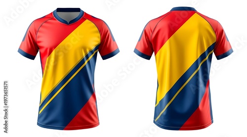 Front and back view of a red, yellow, and blue sports jersey mockup, perfect for athletic apparel design showcasing team colors and graphic patterns