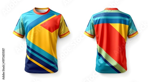 Colorful abstract geometric pattern t-shirt mockup front and back view isolated on white background