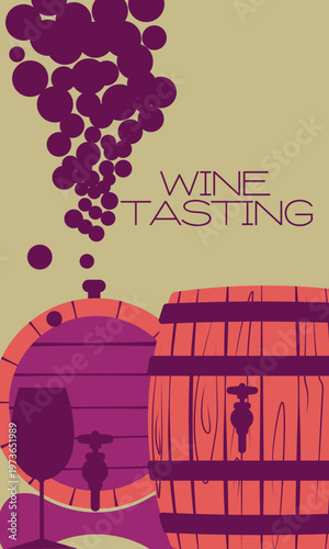 A stylized retro wine tasting poster featuring a barrel, glass, and grapes. Perfect for wine bars, storefronts, and vintage-themed events