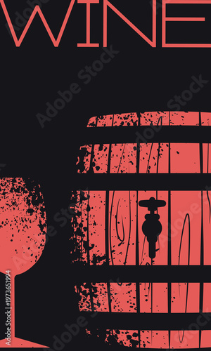 A flat-style vector illustration with texture: a wooden barrel and an elegant glass in a grunge style. Suitable for a winery logo, labels, or craft beverage advertising.