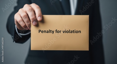 Penalty for violation notice in brown envelope, businessman holding legal warning document, corporate fine and compliance concept
