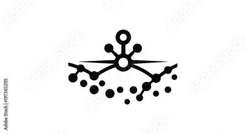Network node icon represents digital connectivity and data distribution in a minimalist black and white graphic design.