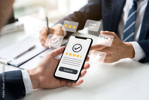 Hand holding smartphone with five star review form. concept of customer satisfaction