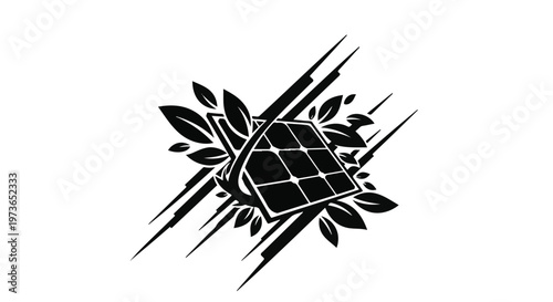 Solar panel is integrated with stylized leaves and geometric lines to symbolize sustainable energy production.