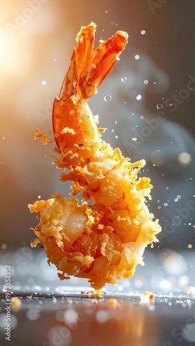 Crispy fried shrimp in mid-air splash.