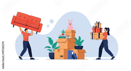 Man and woman work together to move a sofa and various cardboard boxes as they relocate to a new home in a clean modern space.
