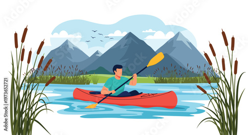 Man enjoys a peaceful afternoon kayaking in a red canoe on a blue river with a stunning mountain range and reeds in the landscape.