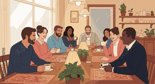 Diverse group of friends or colleagues enjoys a warm conversation while sitting together around a large table drinking coffee in a cafe.