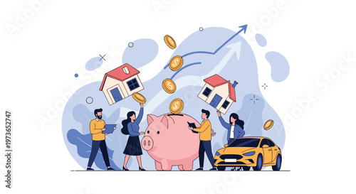 Group of people saves money by putting coins into a giant pink piggy bank to plan for buying a house, a car, and financial growth.