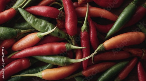 Close-up of a pile of red and green chili peppers. the peppers are of different sizes and shapes, with some being red and others being green.