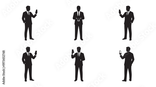 Businessmen in suits holding devices.