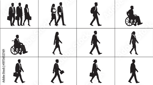 Diverse business people walking together outside.