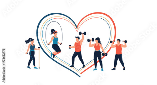 Group of active people performs various workouts like jumping rope and lifting weights inside a stylized heart to promote heart health.