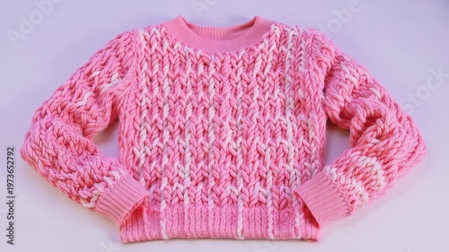 Cozy hand-knitted pink sweater with intricate cable knit pattern, studio shot