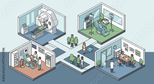 Isometric hospital rooms with medical equipment and staff.