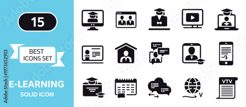 online education vector solid icon collection, e-learning concepts, virtual classroom interface, video tutorials, homework upload system, course tracking, app and platform design, digital learning 