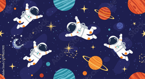 Seamless pattern featuring cute cartoon astronauts floating in outer space among planets stars and distant galaxies.