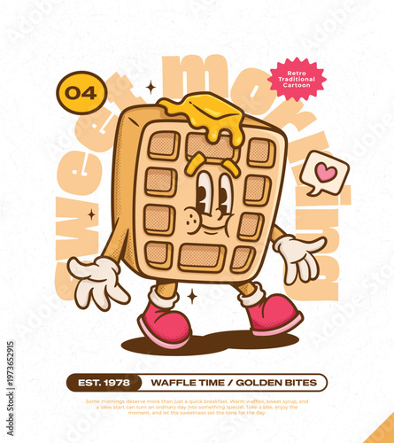 Buttermilk Waffles Trendy Retro Cartoon Vector Hand Drawn 4