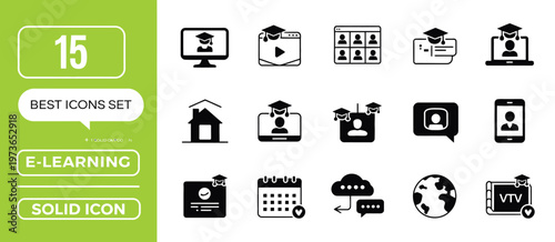 online education vector solid icon collection, e-learning concepts, virtual classroom interface, video tutorials, homework upload system, course tracking, app and platform design, digital learning 