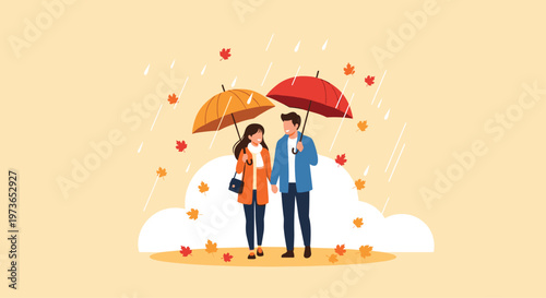 Romantic couple walking together under umbrellas during a rainy autumn day with falling orange maple leaves in a peaceful park.