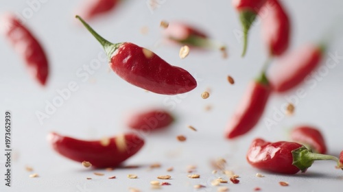 Group of red chili peppers flying in the air. the peppers are of different sizes and shapes, with some being elongated and others being more elongated.