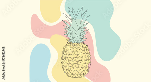 Stylized illustration of a pineapple on a background of pastel abstract organic shapes creating a tropical and modern vibe.