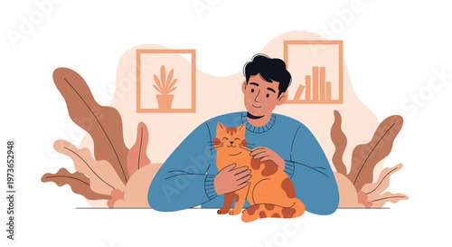 Happy young man sitting at a desk and affectionately holding his pet ginger cat in a cozy home environment with plants and books.