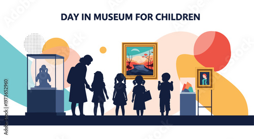 Silhouettes of a group of children with a teacher exploring an art museum gallery filled with paintings and sculptures together.