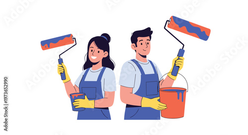 Happy young couple wearing aprons and gloves while working together to paint their home with rollers and brushes in a new room.