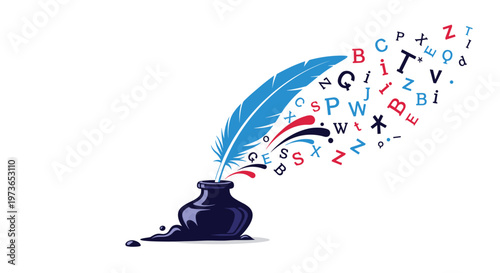 Inkwell with a blue feather quill emitting a stream of colorful letters and symbols representing creativity and artistic writing.