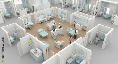 Modern Hospital Ward Layout with Patient Rooms and Medical Equipment.