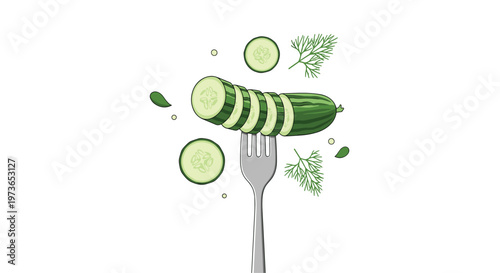 Fresh green cucumber slices floating around a silver fork with sprigs of dill on a clean white background for healthy eating ideas.