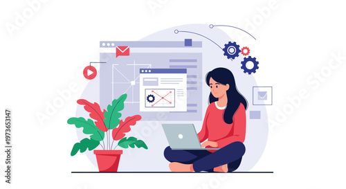 Young woman sitting cross-legged and working on her laptop with web design and development elements in the background environment.