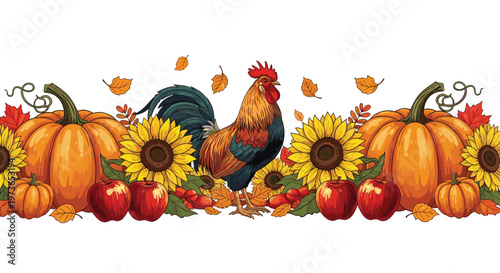 Autumn farm harvest border with a proud rooster standing among large pumpkins sunflowers red apples and falling leaves outdoors.