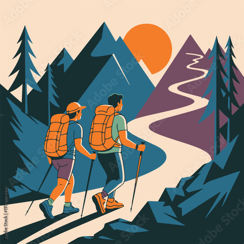 Vector Illustration of a Young Couple Hiking on a Mountain Trail during Sunset