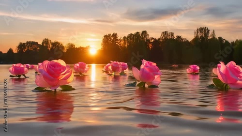 Pink Roses Floating on Calm Water at Sunset with Golden Light and Dramatic Sky