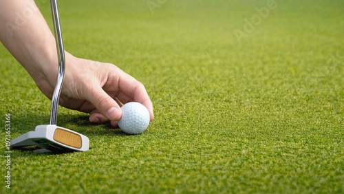 Bild auf Leinwand hand placing golf ball on green with putter, close up golf setup on putting green, preparing to putt on smooth turf, golfer aligning ball and club, sports equipment on grass